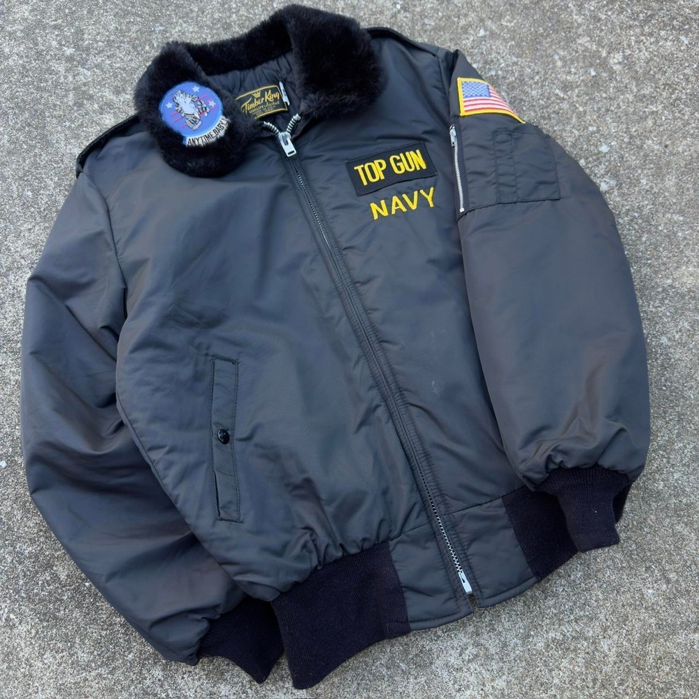 Vintage 70s Timber King Top Gun Navy Flight Bomber Jacket Black Medium (d10)